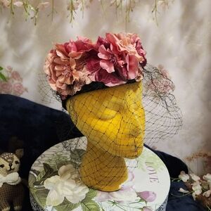Pink Floral Vintage Hat With Veil